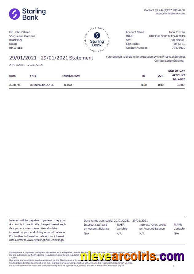 United Kingdom Starling bank statement in Word and PDF format, good for address prove